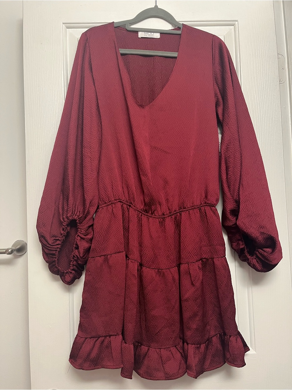 Textured Wine Red V-Neck Tiered Mini Dress